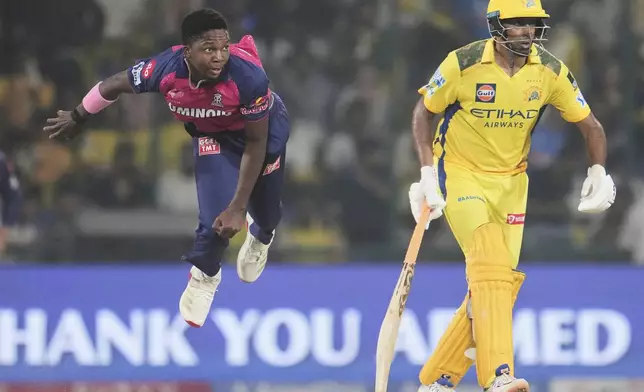 Rajasthan Royals' Kwena Maphaka bowls during the Indian Premier League cricket match between Chennai Super Kings and Rajasthan Royals in New Delhi, India, Tuesday, May 20, 2025. (AP Photo/Manish Swarup)