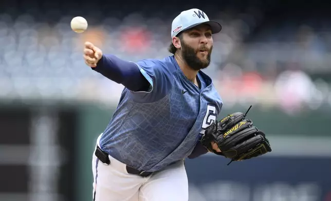 Washington Nationals starting pitcher Trevor Williams throws during the first inning of a baseball game against the Miami Marlins, Saturday, June 14, 2025, in Washington. (AP Photo/Nick Wass)