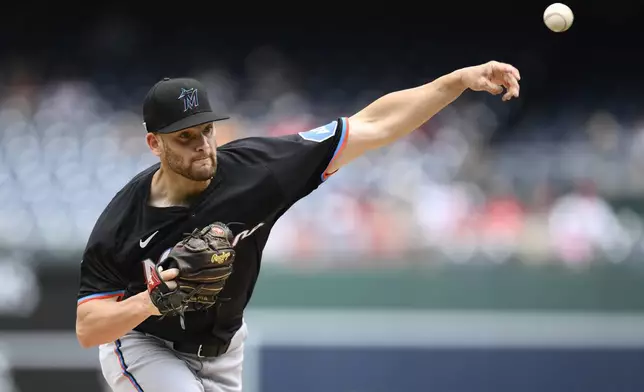 Miami Marlins starting pitcher Cade Gibson throws during the first inning of a baseball game against the Washington Nationals, Saturday, June 14, 2025, in Washington. (AP Photo/Nick Wass)
