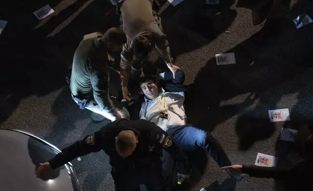 FILE - Israeli police officers disperse ultra-Orthodox Jewish men blocking a highway during a protest against army recruitment in Bnei Brak, Israel, on Jan. 9, 2025. (AP Photo/Oded Balilty, File)