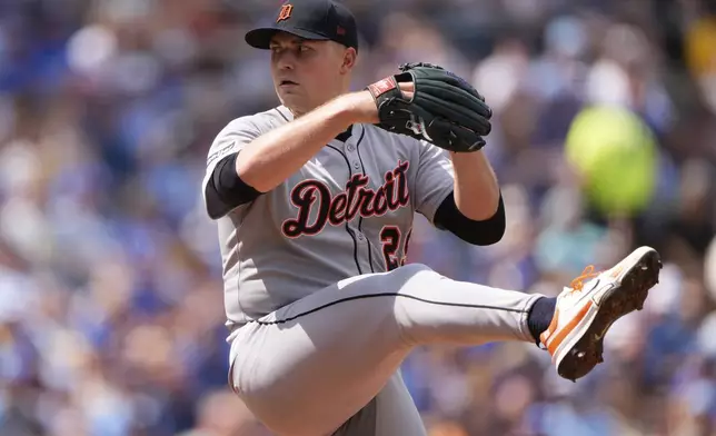Detroit Tigers starting pitcher Tarik Skubal throws during the first inning of a baseball game against the Kansas City Royals, Saturday, May 31, 2025, in Kansas City, Mo. (AP Photo/Charlie Riedel)