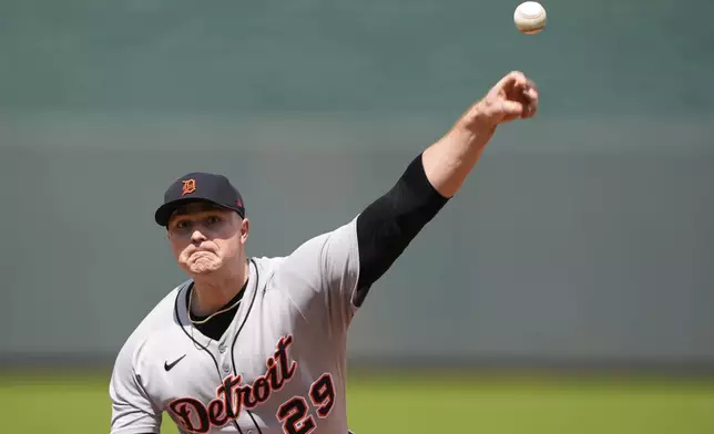 Detroit Tigers starting pitcher Tarik Skubal throws during the first inning of a baseball game against the Kansas City Royals, Saturday, May 31, 2025, in Kansas City, Mo. (AP Photo/Charlie Riedel)