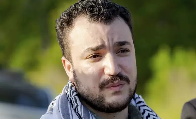 Palestinian activist Mahmoud Khalil speaks after his release from federal immigration detention in Jena, La., Friday, June 20, 2025. (AP Photo/Matthew Hinton)