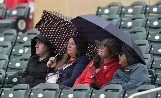 Fans, with umbrellas, sit in seats during a rain delay before a baseball game between the Minnesota Twins and Seattle Mariners, Thursday, June 26, 2025, in Minneapolis. (AP Photo/Abbie Parr)