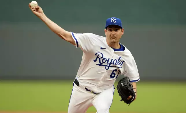 Kansas City Royals starting pitcher Seth Lugo throws in the second inning of a baseball game against the New York Yankees, Thursday, June 12, 2025, in Kansas City, Mo. (AP Photo/Ed Zurga)