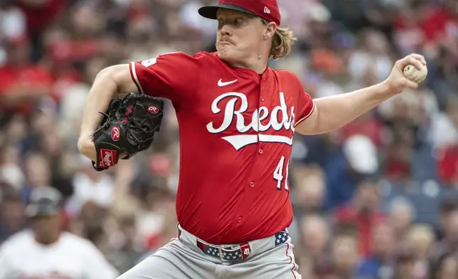 Cincinnati Reds starting pitcher Andrew Abbott delivers against the Cleveland Guardians during the third inning of a baseball game, Tuesday June 10, 2025, in Cleveland. (AP Photo/Phil Long)