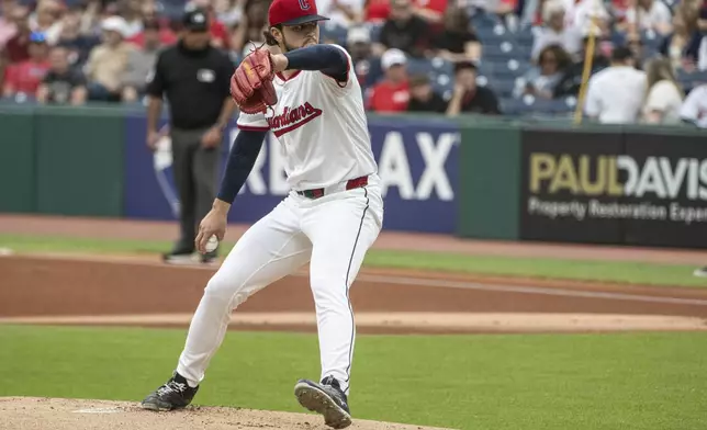 Cleveland Guardians starting pitcher Slade Cecconi delivers against the Cincinnati Reds during the first inning of a baseball game, Tuesday, June 10, 2025, in Cleveland. (AP Photo/Phil Long)