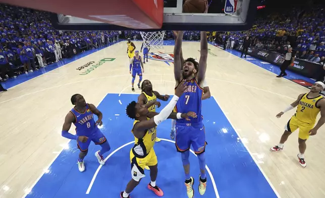 Oklahoma City Thunder forward Chet Holmgren (7) dunks against Indiana Pacers guard Bennedict Mathurin (00) during Game 7 of the NBA Finals basketball series Sunday, June 22, 2025, in Oklahoma City. (Matthew Stockman/Pool Photo via AP)