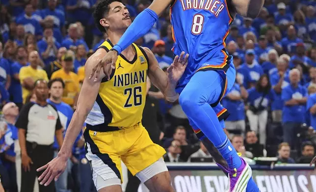 Oklahoma City Thunder forward Jalen Williams (8) shoots against Indiana Pacers guard Ben Sheppard (26) during the first half of Game 7 of the NBA Finals basketball series Sunday, June 22, 2025, in Oklahoma City. (AP Photo/Julio Cortez)