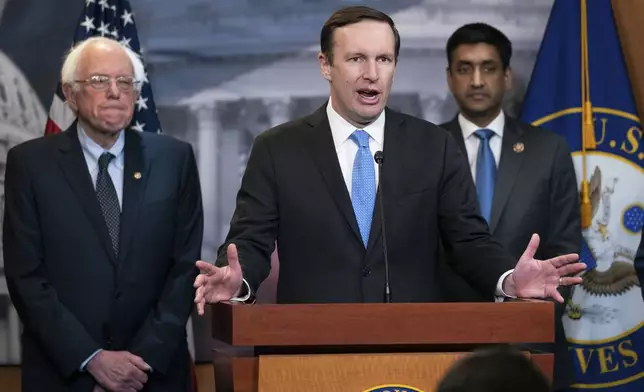 Sen. Bernie Sanders, I-Vt., from left, Sen. Chris Murphy, D-Conn., and Rep. Ro Khanna, D-Calif., speak to reporters on Capitol Hill in Washington, April 4, 2019. (AP Photo/J. Scott Applewhite, File)