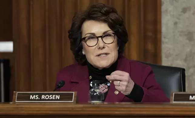 FILE - Sen. Jacky Rosen, D-Nev., speaks during a Senate Armed Services Committee confirmation hearing at the Capitol in Washington, Jan. 14, 2025. (AP Photo/Ben Curtis, File)