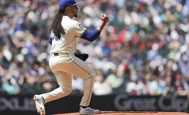 Seattle Mariners starting pitcher Luis Castillo reacts after striking out Minnesota Twins' Willi Castro to end the top of the sixth inning of a baseball game Sunday, Jun 1, 2025, in Seattle. (AP Photo/Ryan Sun)