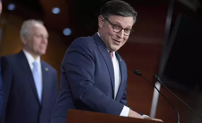 Speaker of the House Mike Johnson, R-La., wraps up a news conference on President Donald Trump's bill of tax breaks and spending cuts, at the Capitol in Washington, Wednesday, June 4, 2025. (AP Photo/J. Scott Applewhite)