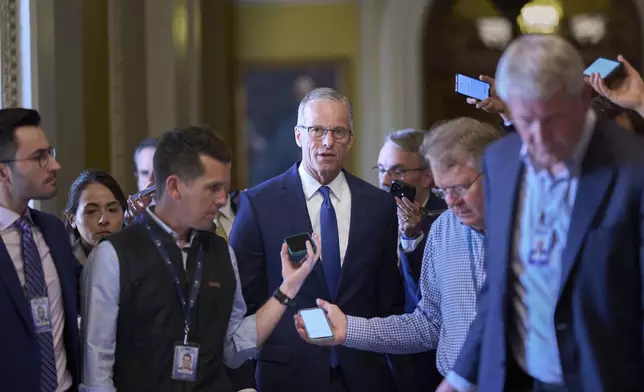 Senate Majority Leader John Thune, R-S.D., speaks with reporters about his plans to advance President Donald Trump's spending and tax bill, at the Capitol in Washington, Monday, June 2, 2025. (AP Photo/J. Scott Applewhite)
