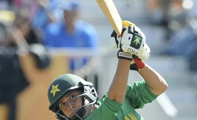FILE - Pakistan captain Sana Mir during the ICC Women's World Cup 2017 match between India and Pakistan at County Ground in Derby, England, Sunday, July 2, 2017. (AP Photo/Rui Vieira, File)