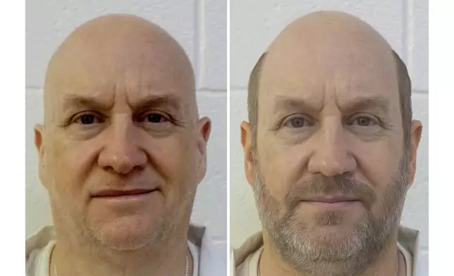 This combo of images provided by the Arkansas Department of Corrections shows an actual photo of inmate Grant Hardin, left, and a photo rendering of the convicted former police chief known as the “Devil in the Ozarks" as the search for the escaped inmate headed into its second week. (Arkansas Department of Corrections via AP)