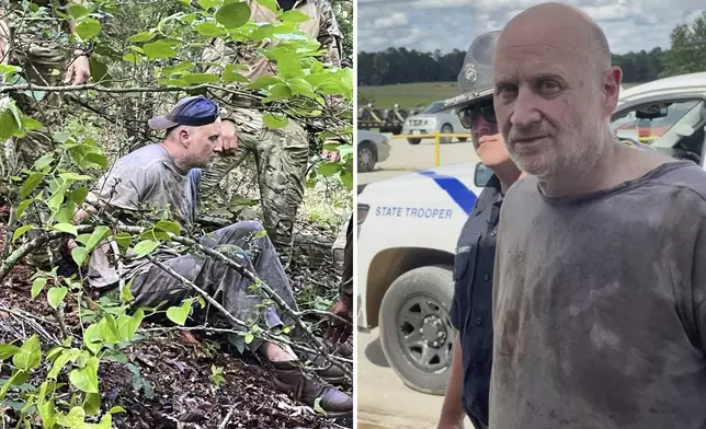 This combo of images released by the Arkansas Department of Corrections shows the recapture of escaped inmate Grant Hardin, an ex-police chief and convicted killer, by Arkansas law enforcement officers and the U.S. Border Patrol , Friday, June 6, 2025, near Moccasin Creek in Izard County, about 1.5 miles (2.4 kilometers) northwest of Calico Rock prison. in Calico Rock, Ark. (Arkansas Department of Corrections via AP)