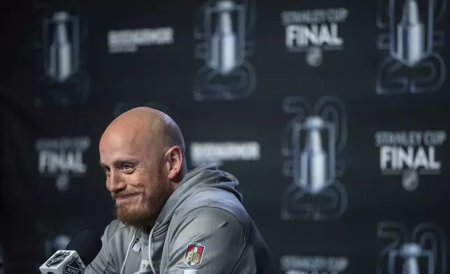 Florida Panthers' Nate Schmidt speaks during a news conference for the NHL hockey Stanley Cup Finals. Thursday, June 5, 2025, in Edmonton, Alberta. (Jason Franson/The Canadian Press via AP)
