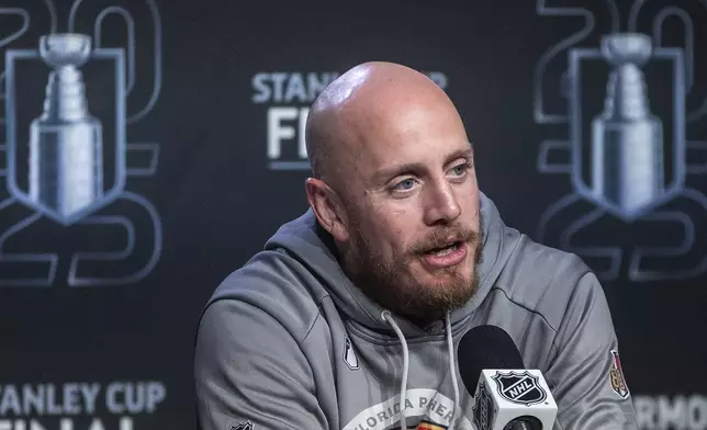 Florida Panthers' Nate Schmidt speaks during a news conference for the NHL hockey Stanley Cup Finals. Thursday, June 5, 2025, in Edmonton, Alberta. (Jason Franson/The Canadian Press via AP)