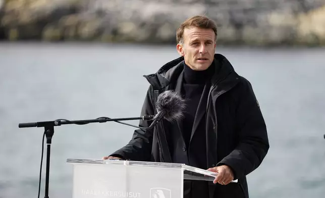 French President Emmanuel Macron speaks during a news conference in Nuuk, Greenland, Sunday, June 15, 2025. (Mads Claus Rasmussen/Ritzau Scanpix via AP)