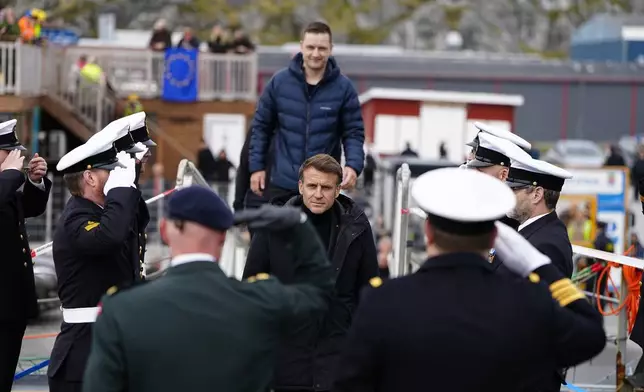 French President Emmanuel Macron visits the Danish frigate F363 Niels Juel in Nuuk, Greenland, on Sunday, June 15, 2025. (Mads Claus Rasmussen/Scanpix via AP)