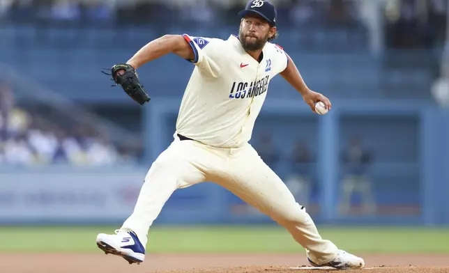 Los Angeles Dodgers pitcher Clayton Kershaw throws to a San Francisco Giants batter during the first inning of a baseball game in Los Angeles, Saturday, June 14, 2025. (AP Photo/Jessie Alcheh)