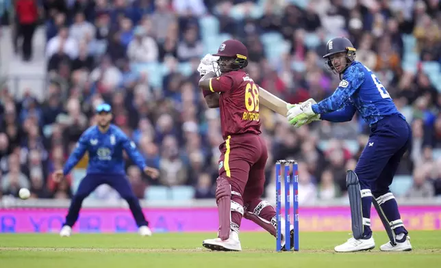 West Indies' Sherfane Rutherford bats during the third One Day International cricket match between West Indies and England at Oval, London, Tuesday June 3, 2025. (Adam Davy/PA via AP)