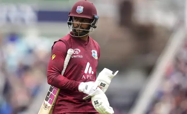 West Indies captain Shai Hope walks off the pitch during the third One Day International cricket match between West Indies and England at Oval, London, Tuesday June 3, 2025. (Adam Davy/PA via AP)