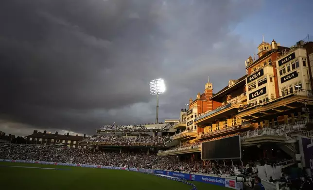 FILE - The sun shines on the pavillion at The Oval cricket ground in London on Sept. 13, 2023. (AP Photo/Kirsty Wigglesworth, File)