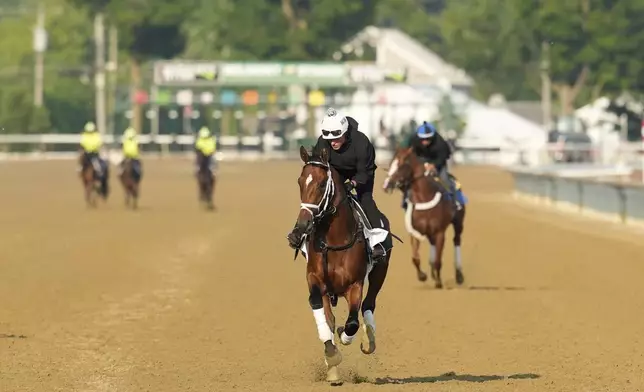 Journalism trains before the running of the Belmont Stakes horse race in Saratoga Springs, N.Y., Thursday, June 5, 2025. (AP Photo/Seth Wenig)