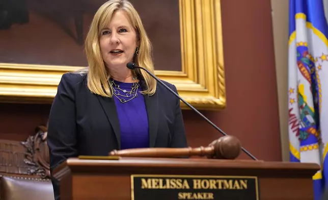 FILE - Speaker of the House Melissa Hortman addresses the house floor after being re-elected for her third term during the first day of the 2023 legislative session, Tuesday, Jan. 3, 2023, in St. Paul, Minn. (AP Photo/Abbie Parr, File)