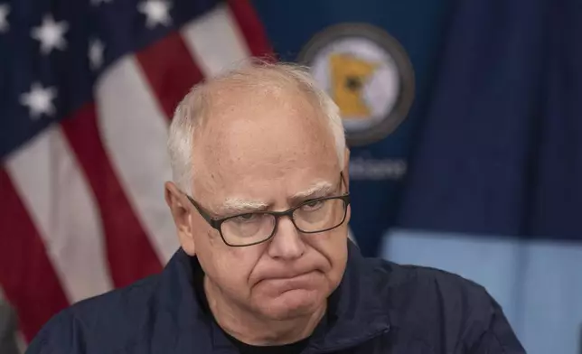 Minnesota Gov. Tim Walz speaks about the killing of state Rep. Melissa Hortman and her husband at the State Emergency operations Center in Blaine, Minn.. Saturday, June 14, 2025. (Jerry Holt/Star Tribune via AP)