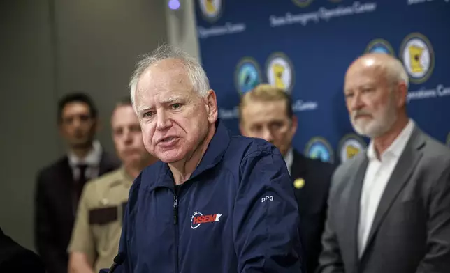 Minnesota Gov. Tim Walz speaks during a press conference at the State Emergency Operations Center on Sunday, June 15, 2025, in Blaine, Minn., following the arrest of Vance Luther Boelter in Sibley County. (Kerem Yücel/Minnesota Public Radio via AP)
