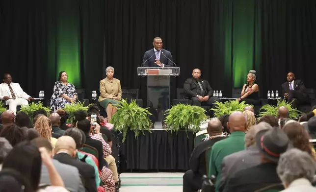Tulsa Mayor Monroe Nichols IV speaks during the Legacy event for the Tulsa Race Massacre on Sunday, June 1, 2025, at Greenwood Cultural Center in Tulsa, Okla. (AP Photo/Joey Johnson)