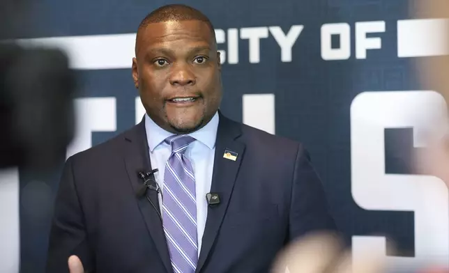 Tulsa Mayor Monroe Nichols IV speaks during the Legacy event for the Tulsa Race Massacre on Sunday, June 1, 2025, at Greenwood Cultural Center in Tulsa, Okla. (AP Photo/Joey Johnson)