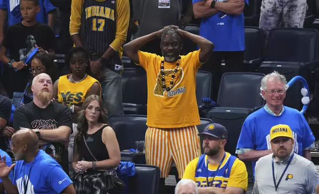 Indiana Pacers fans react during the second half of Game 7 of the NBA Finals basketball series against the Oklahoma City Thunder Sunday, June 22, 2025, in Oklahoma City. (AP Photo/Nate Billings)
