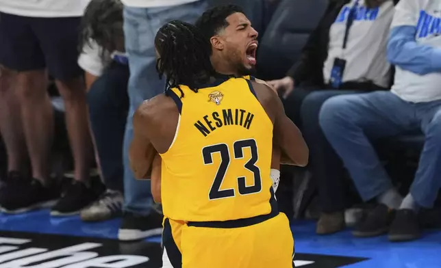 during the second half of Game 1 of the NBA Finals basketball series Thursday, June 5, 2025, in Oklahoma City. (AP Photo/Nate Billings)