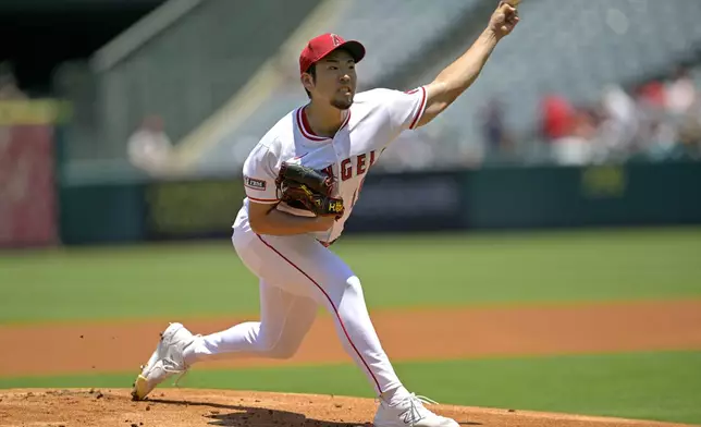 Los Angeles Angels starting pitcher Yusei Kikuchi delivers during the first inning of a baseball game against the Boston Red Sox, Wednesday, June 25, 2025, in Anaheim, Calif. (AP Photo/Jayne Kamin-Oncea)