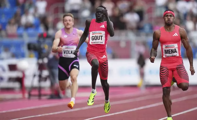 Gout Gout, of Australia, runs to win the men 200 meters during the Ostrava Golden Spike athletics meet in Ostrava, Czech Republic, Tuesday, June 24, 2025. (AP Photo/Petr David Josek)