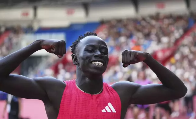Gout Gout, of Australia, celebrates after winning the men 200 meters during the Ostrava Golden Spike athletics meet in Ostrava, Czech Republic, Tuesday, June 24, 2025. (AP Photo/Petr David Josek)