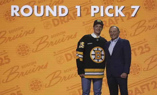 James Hagens, left, stands with NHL commissioner Gary Bettman after being drafted by the Boston Bruins during the NHL hockey draft Friday, June 27, 2025, in Los Angeles. (AP Photo/Damian Dovarganes)