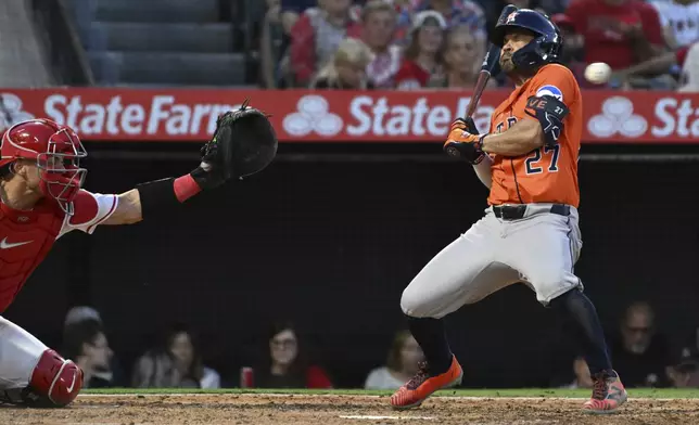 Houston Astros' Jose Altuve (27) avoids a pitch aby the Los Angeles Angels in the sixth inning of a baseball game Saturday, June 21, 2025, in Anaheim, Calif. (AP Photo/Wally Skalij)