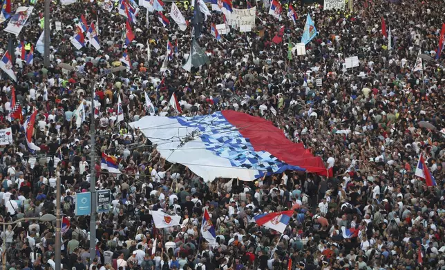 People attend a major anti-government rally in Belgrade, Serbia, Saturday, June 28, 2025. (AP Photo/Marko Drobnjakovic)