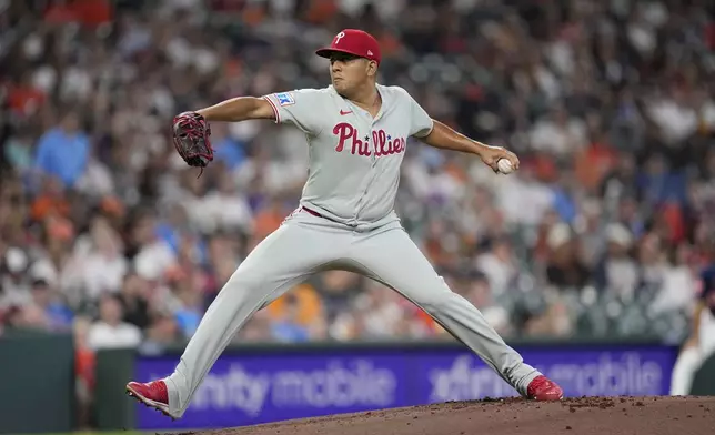Philadelphia Phillies starting pitcher Ranger Suárez throws against the Houston Astros during the first inning of a baseball game Tuesday, June 24, 2025, in Houston. (AP Photo/David J. Phillip)