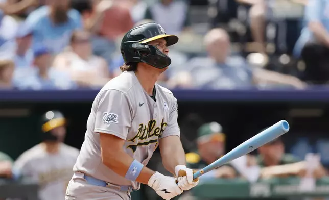 Athletics' Nick Kurtz watches his go-ahead home run during the ninth inning of a baseball game against the Kansas City Royals in Kansas City, Mo., Sunday, June 15, 2025. (AP Photo/Colin E. Braley)