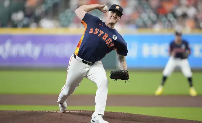 Houston Astros starting pitcher Hunter Brown throws during the first inning of a baseball game against the Tampa Bay Rays in Houston, Sunday, June 1, 2025. (AP Photo/Ashley Landis)