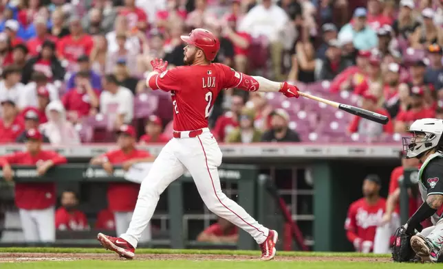 Cincinnati Reds outfielder Gavin Lux watches his grand slam during the fourth inning of a baseball game against the Arizona Diamondbacks, Saturday, June 7, 2025, in Cincinnati. (AP Photo/Jeff Dean)