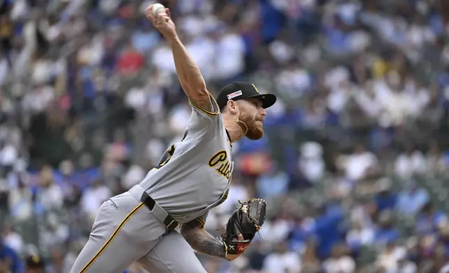 Pittsburgh Pirates pitcher Mike Burrows delivers during the first inning of a baseball game against the Chicago Cubs, Saturday, June 14, 2025, in Chicago. (AP Photo/Matt Marton)