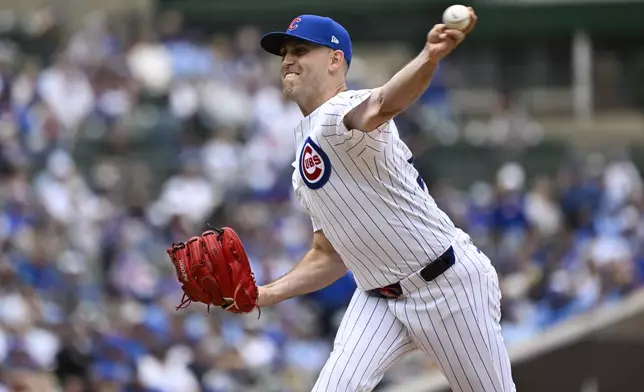 Chicago Cubs pitcher Matthew Boyd delivers during the first inning of a baseball game against the Pittsburgh Pirates, Saturday, June 14, 2025, in Chicago. (AP Photo/Matt Marton)