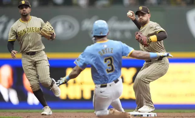 CORRECTS DATE - San Diego Padres' Jose Iglesias, right, throws to first base to turn a double play after tagging Milwaukee Brewers' Joey Ortiz (3) out at second during the third inning of a baseball game Saturday, June 7, 2025, in Milwaukee. (AP Photo/Aaron Gash)